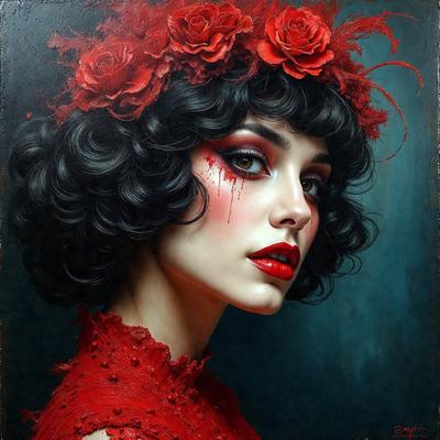 The primary subject of the image is a woman wearing a red dress and a red hat. She is wearing red lipstick and has a red rose in her hair. The setting is a dark room, and the visual style is a painting. The colors and mood of the image are predominantly red, creating a bold and striking appearance.